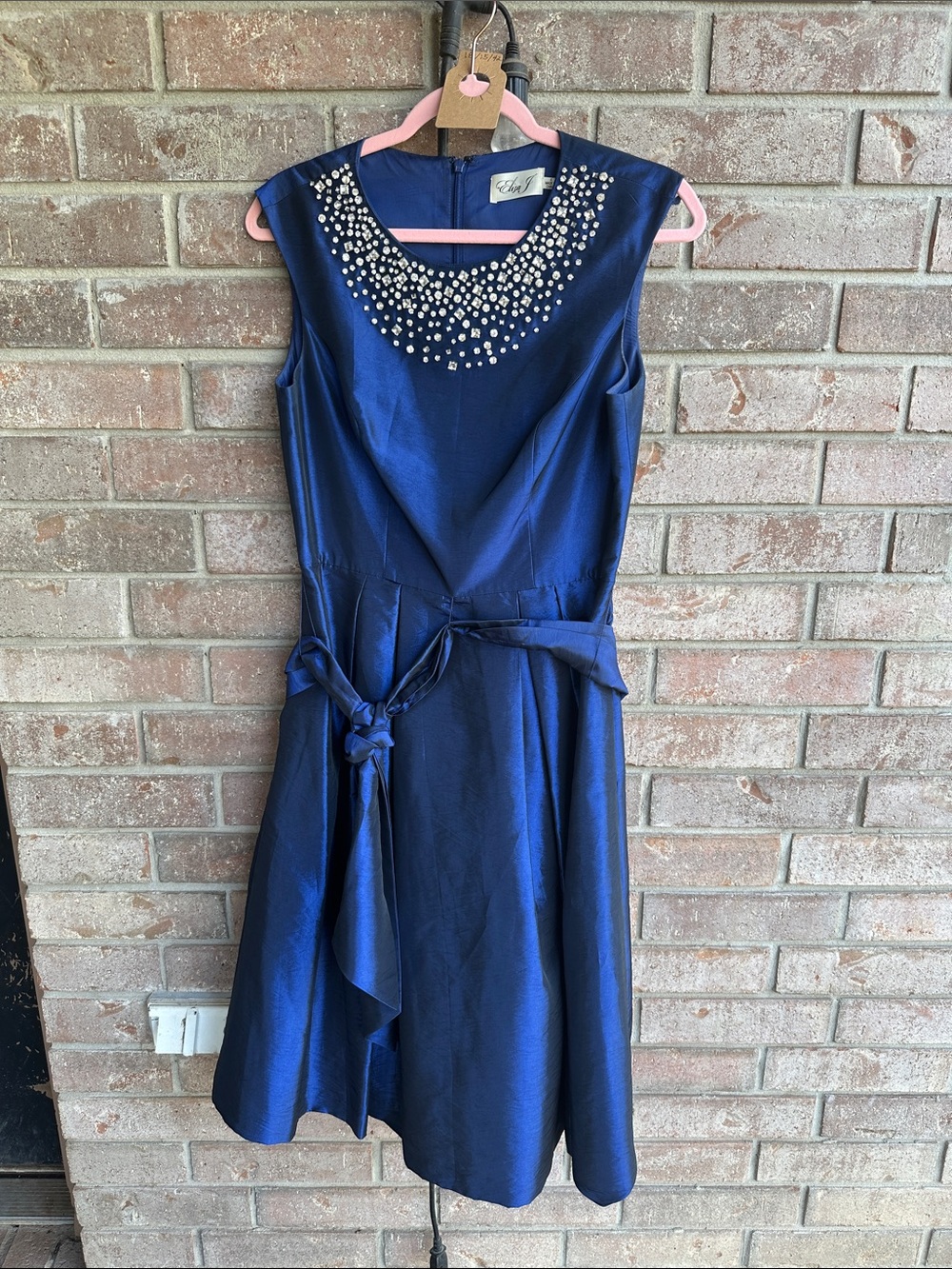 Eliza J Navy Beaded Neck Midi Dress with POCKETS